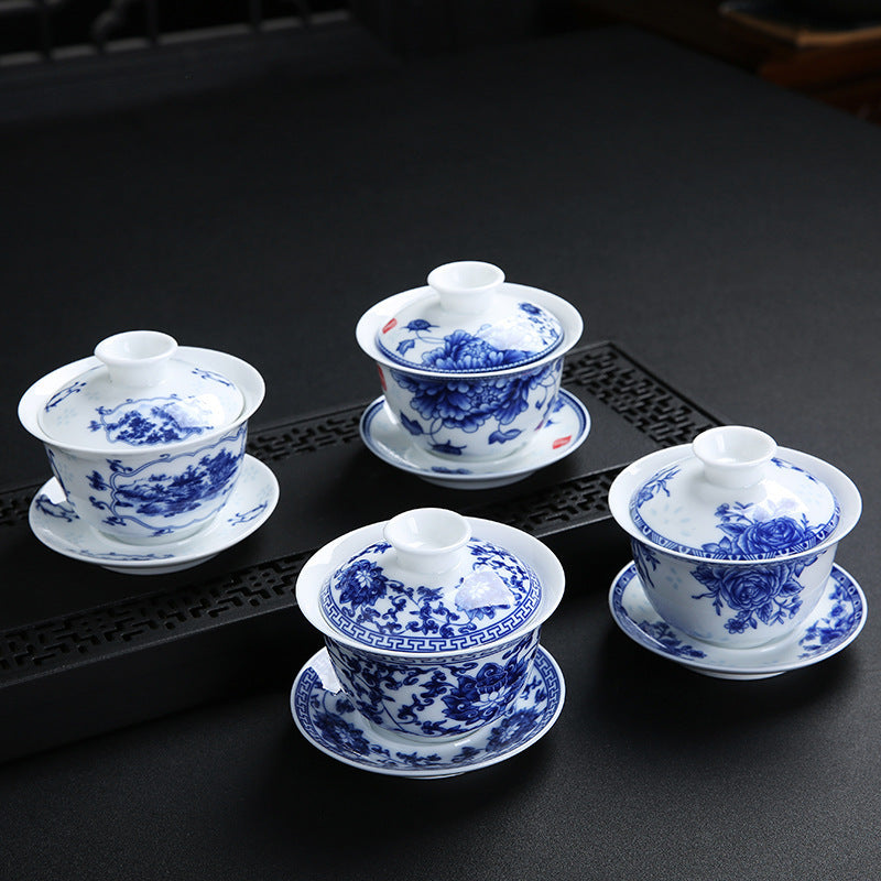 Blue and White Porcelain Gaiwan, Large High-White Glazed Tea Bowl, Japanese-Style Three-Component Set, 160ml