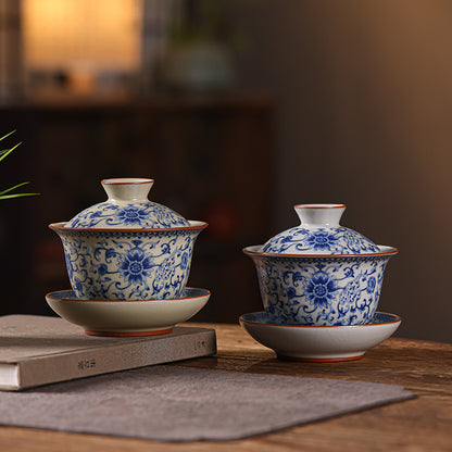 Ru Kiln Blue-and-White Gaiwan - 200ml Antique-Style Tea Set with Interlocking Flower Design (10.5cm Diameter, 9.9cm Height)
