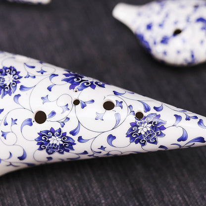 12-Hole Alto C Ceramic Ocarina - Blue & White Porcelain Style (SF/SG/SC/AC Tuning, 18x10x5cm) with Music Sheet, Neck Strap & Carry Bag