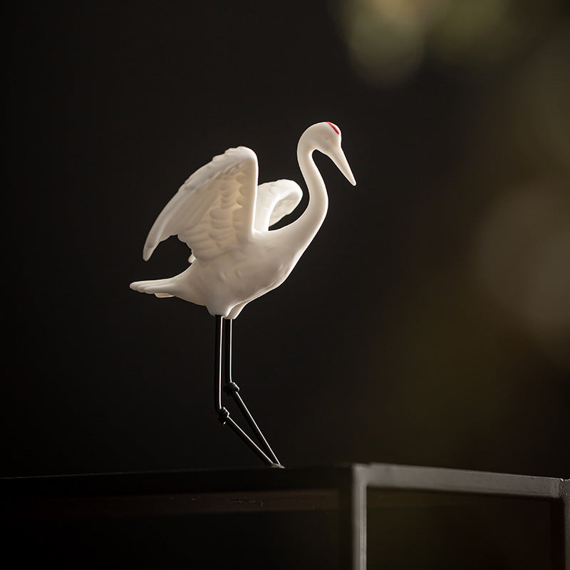 Chinese Ceramic Crane Decor Set - Auspicious Home Ornament with Iron Base (2 Sizes: 12cm/10cm Height)