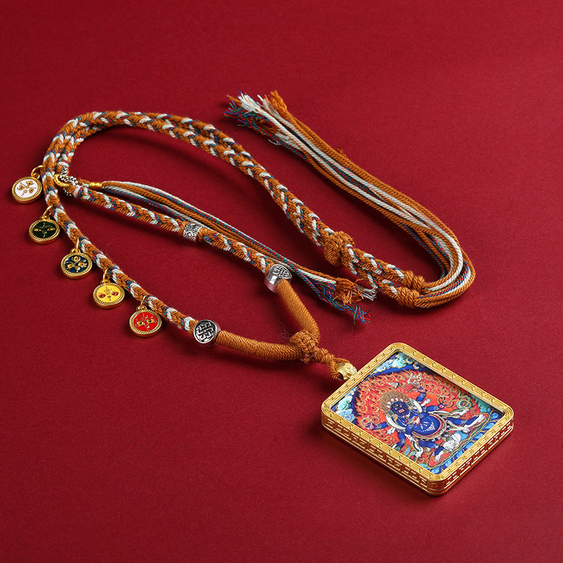 Gold Accented Mahakala Thangka Pendant - Tibetan Protector Deity Necklace