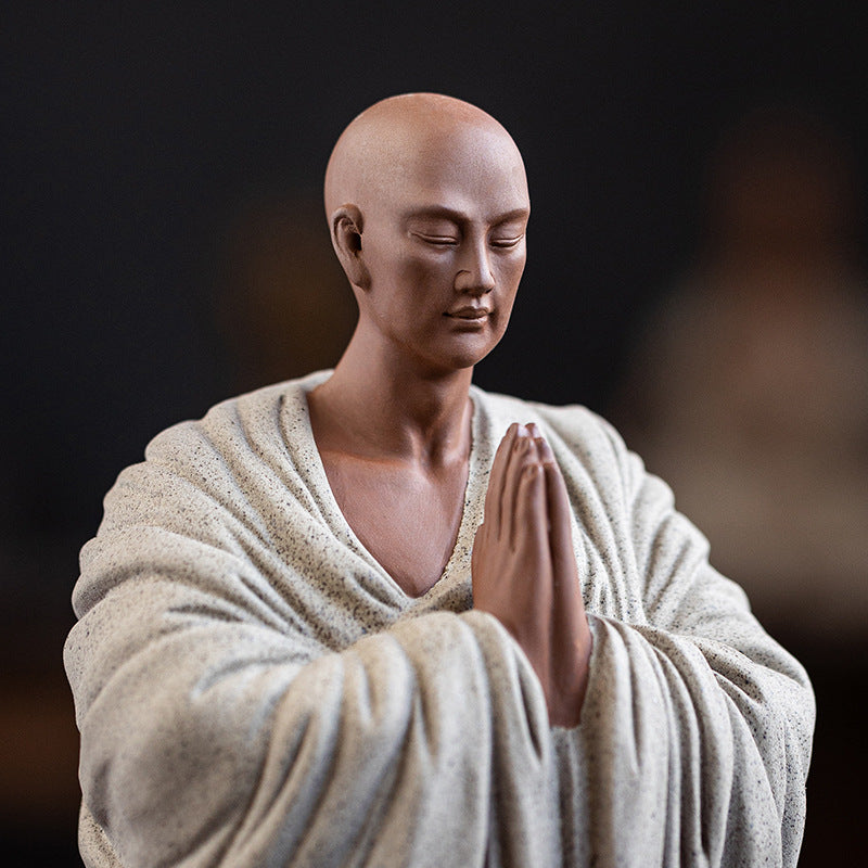 Zen Purple Clay Monk Figurines - Set of 6 Handcrafted Buddhist Statues for Tea Table & Home Decor