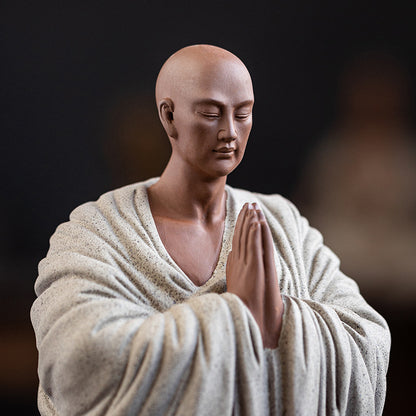 Zen Purple Clay Monk Figurines - Set of 6 Handcrafted Buddhist Statues for Tea Table & Home Decor