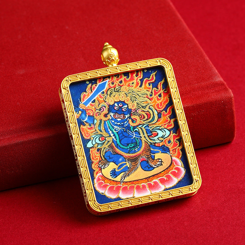 Portable Buddhist Thangka Pendant - Double-Sided Dragon Deity Amulet with Gold Accents - Eight Protector Deities Amulet Box