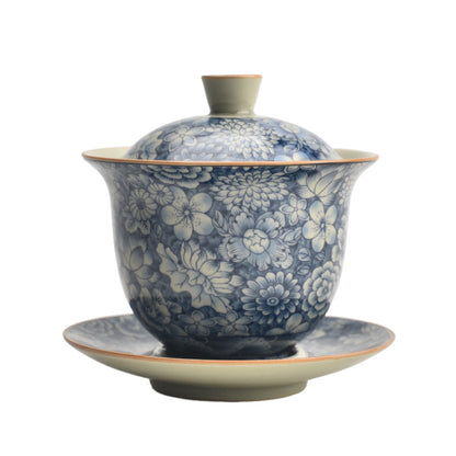 Antique Ru Kiln Blue & White Lidded Tea Bowl - Handcrafted Three-Piece Set (150ml, Two Sizes Available)