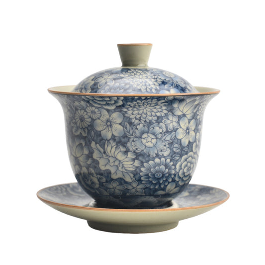 Antique Ru Kiln Blue & White Lidded Tea Bowl - Handcrafted Three-Piece Set (150ml, Two Sizes Available)