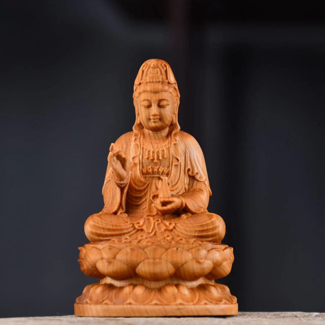 Wood Carved Shakyamuni and Guanyin Statues – Cliff Pine Buddha Figures for Home Decoration
