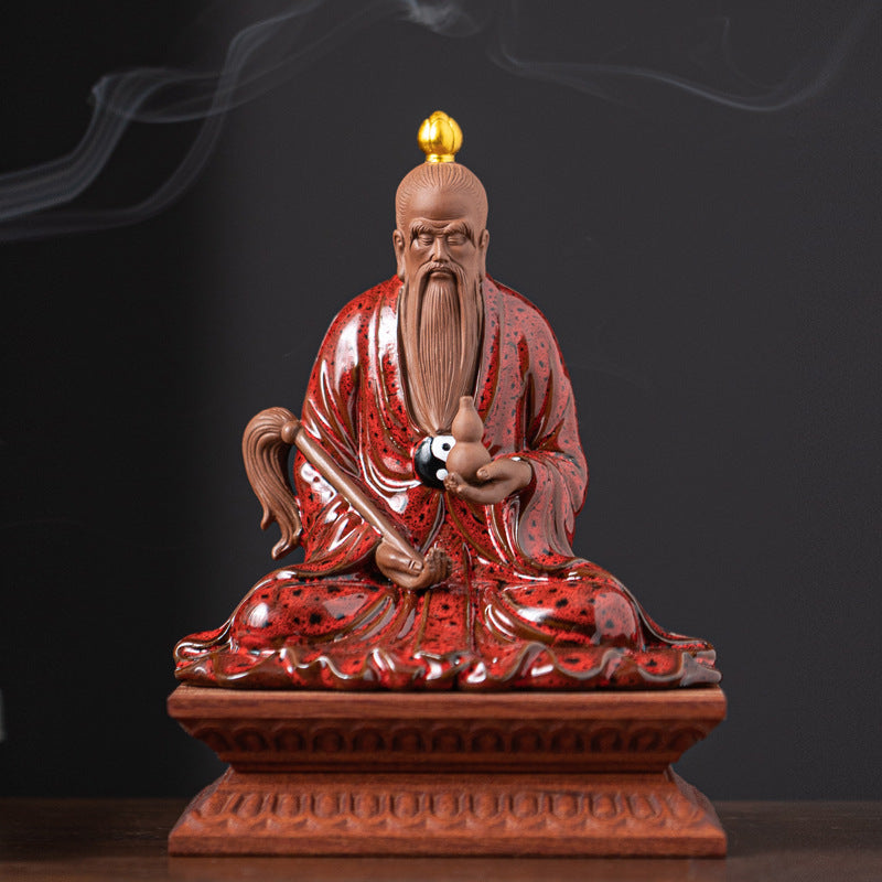 Chinese Ceramic Laozi Statue – Taoist Deity Figurine with Gourd & Horsetail Whisk, Handcrafted Home Altar Decor (13.7x9.2x14.6cm)