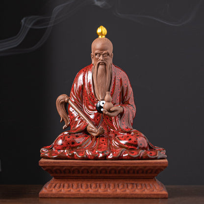 Chinese Ceramic Laozi Statue – Taoist Deity Figurine with Gourd & Horsetail Whisk, Handcrafted Home Altar Decor (13.7x9.2x14.6cm)
