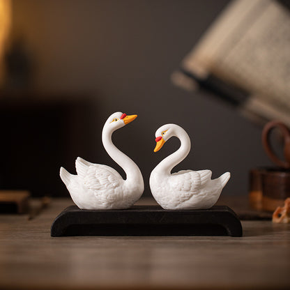 Ceramic Swan Decor Set - Elegant White Swan Figurines for Home, Office, or Fish Tank Landscape (Pair)