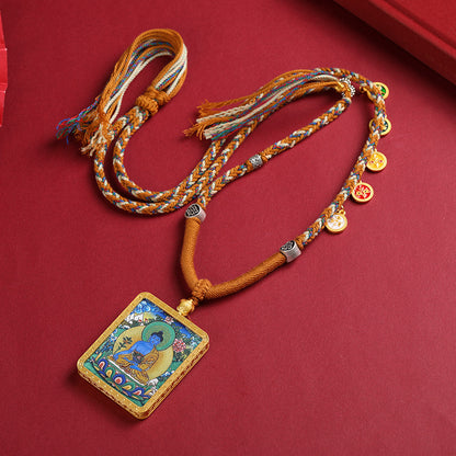 Tibetan Style Necklace with Thangka Pendant & Handwoven Cotton Cord