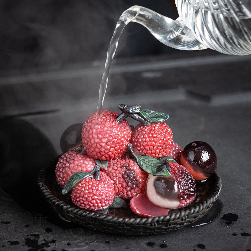 Litchi & Tangerine Tea Pet Set - Color-Changing Ceramic Decor for Tea Table (Thermochromic Design)
