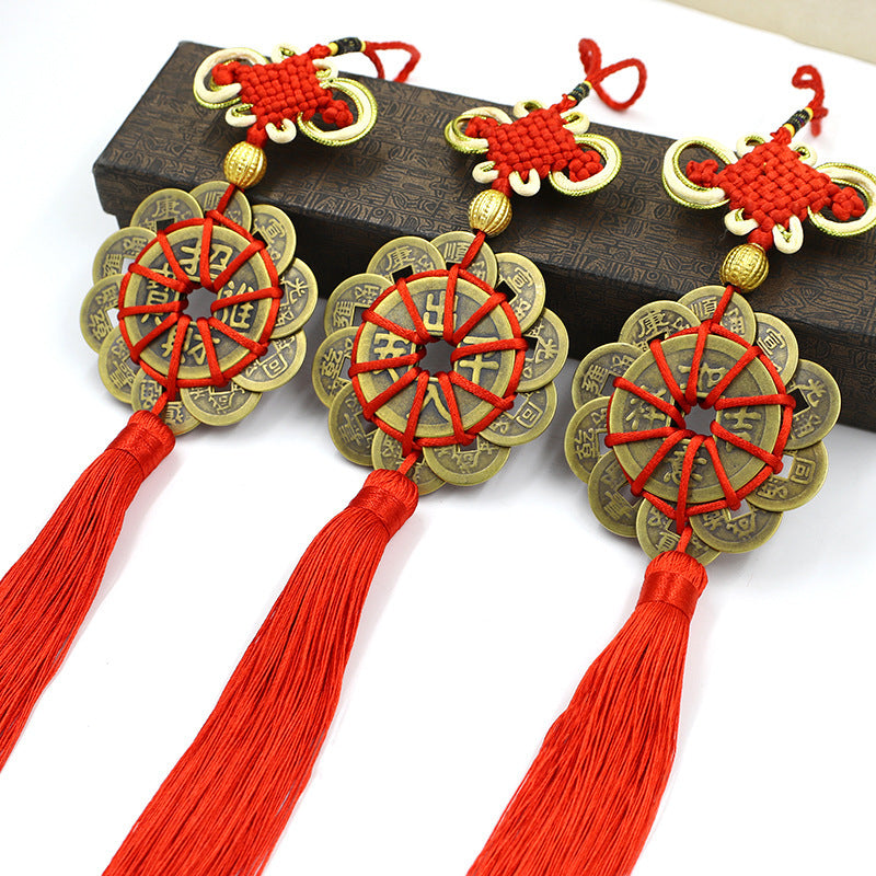 Elegant and Unique Pure Copper Plum Blossom Ten Emperor Coins Pendant with Gold Border for Home Decoration