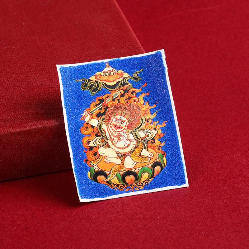 Hand-Painted Gold-Traced Thangka with Cinnabar Rough Sand - Eight Protectors Design