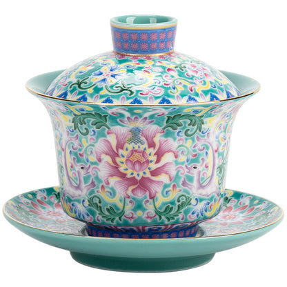 Chinese Enamel Floral Three-Lid Tea Bowl Set – Traditional Dragon Egg Teapot with Gold Trim