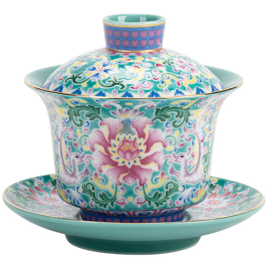 Chinese Enamel Floral Three-Lid Tea Bowl Set – Traditional Dragon Egg Teapot with Gold Trim