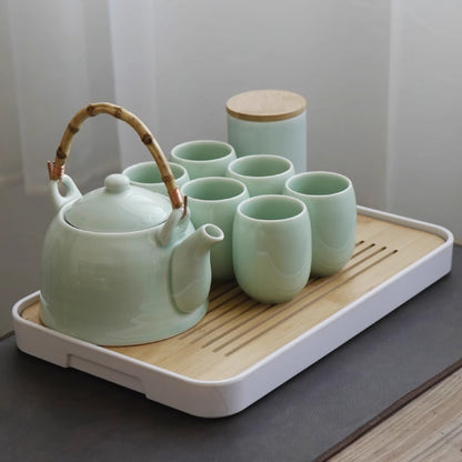 Celadon Tea Set with Bamboo Tray - Jingdezhen Ceramic (1000ml Pot, 6 Cups, Storage Jar, 2 Tea Boards)
