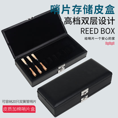 Professional Double Oboe Reed Case – 20-Reed PU Leather Storage with Shockproof Design & Metal Lock (Black)