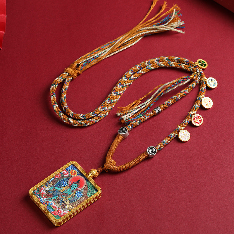 Tibetan Style Necklace with Thangka Pendant & Handwoven Cotton Cord