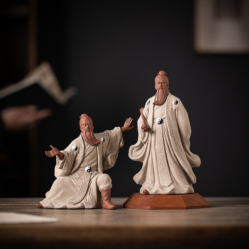 Ceramic Zhang Sanfeng Statue - Taoist Master Figurine with Horsetail Whisk, Kung Fu & Tai Chi Decor
