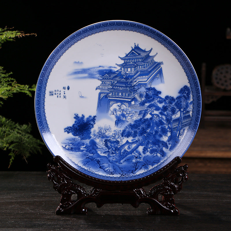 Jingdezhen Blue & White Porcelain Plates - Hand-Painted Chinese Decor (25cm Diameter, 16 Classic Designs, 1000g)