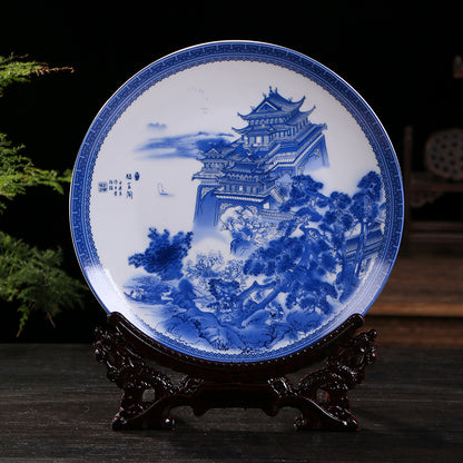 Jingdezhen Blue & White Porcelain Plates - Hand-Painted Chinese Decor (25cm Diameter, 16 Classic Designs, 1000g)