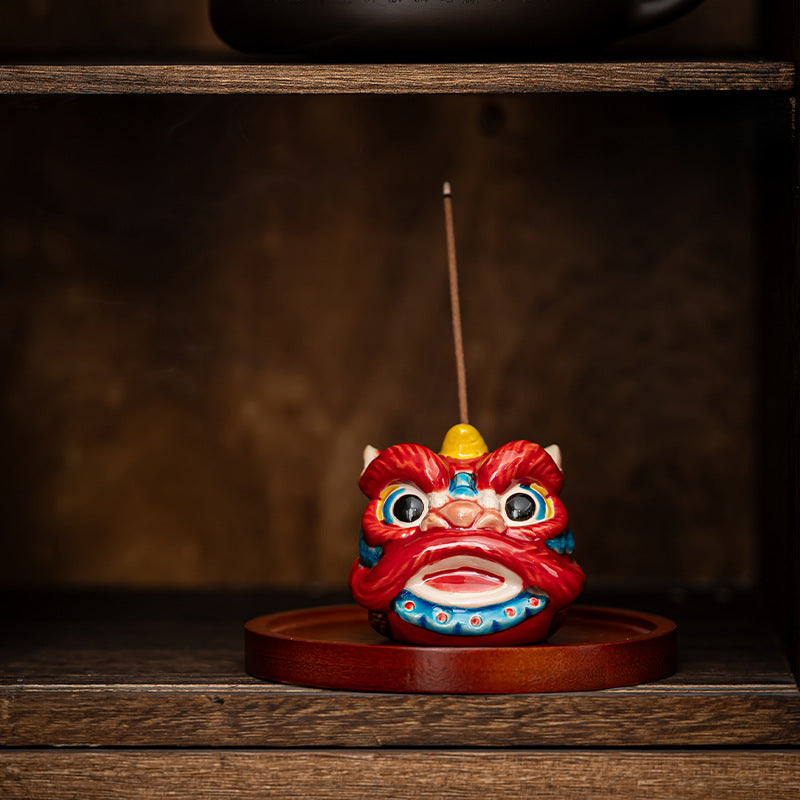 Lion Head Ceramic Incense Holder with Wood Base - Auspicious Animal Zen Decor (7x6x6cm, 10cm Wood Stand)