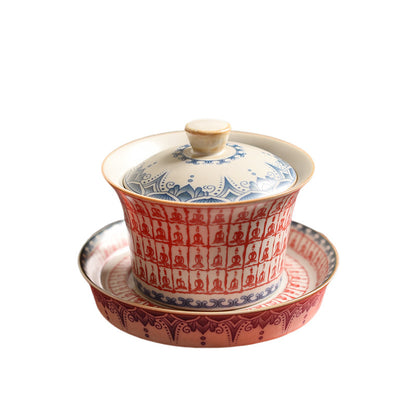 Dunhuang Style Thousand-Buddha Tea Bowl - Three-Piece Ceramic Set with Cave Art Motifs (150ml, 12x8cm)