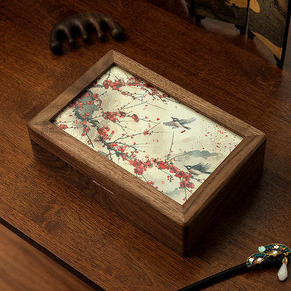 Walnut Wood Jewelry Box with Embroidered Lid - Chinese Style Gift with Velvet Lining (23x16x6.5cm, 0.78kg, 6 Embroidery Designs)