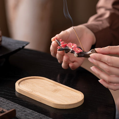 Ceramic Peach Blossom Incense Holder with Wooden Base - Handcrafted Zen Desk Decor (11.5x3x2cm, 2mm Hole)