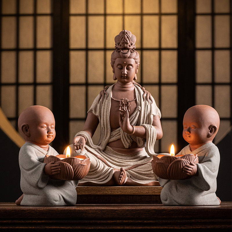 Zen Monk Ceramic Figurine with Lotus Candle Holder - Handcrafted Chinese Meditation Decor (9.8x7.8x12.3cm)