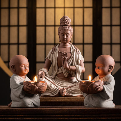 Zen Monk Ceramic Figurine with Lotus Candle Holder - Handcrafted Chinese Meditation Decor (9.8x7.8x12.3cm)