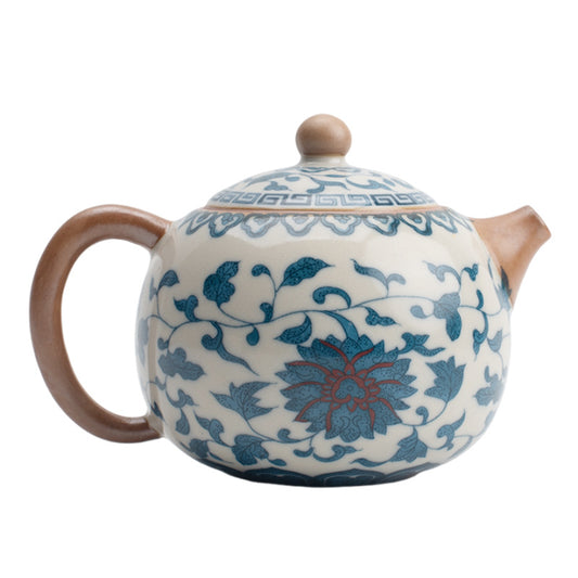 Blue & White Ru Kiln Xishi Teapot - Handcrafted Crackle Glaze Ceramic with Cobalt Patterns (220ml, 12.5x8.5cm)