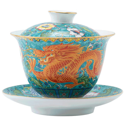 Imperial Style Cloisonné Gaiwan - Handcrafted Enamel Three-Element Tea Bowl with Gold Trim (190ml Capacity)