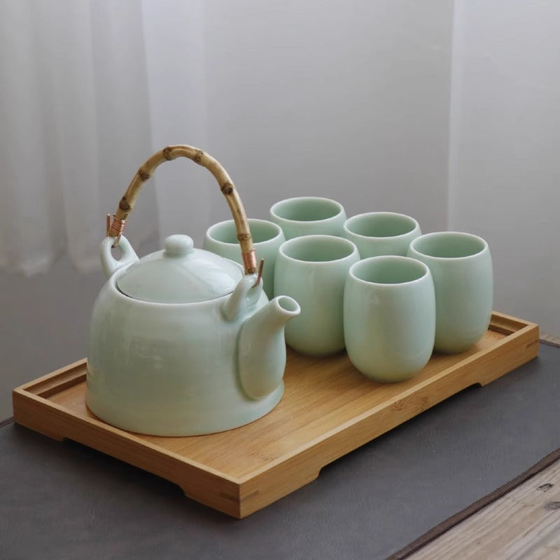 Celadon Tea Set with Bamboo Tray - Jingdezhen Ceramic (1000ml Pot, 6 Cups, Storage Jar, 2 Tea Boards)