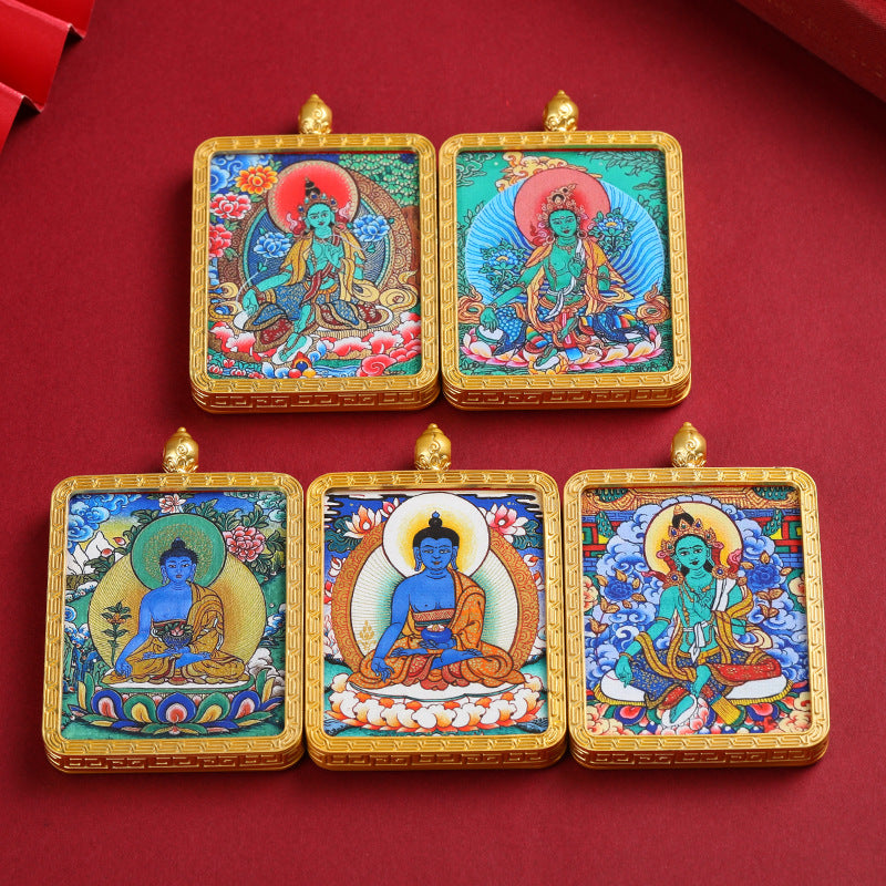 Tibetan Thangka Pendant Necklace – Green Tara & Medicine Buddha Hand-Painted Design
