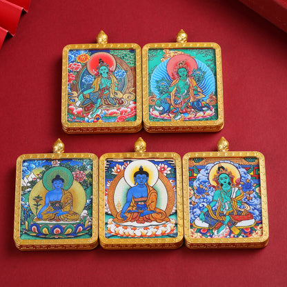Tibetan Thangka Pendant Necklace – Green Tara & Medicine Buddha Hand-Painted Design