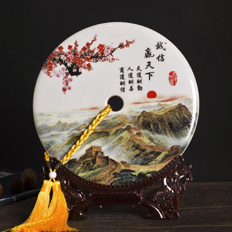 Chinese Ceramic Wall/Table Decor - Jingdezhen Porcelain with Stand (11 Auspicious Designs, 26cm Diameter, 30cm Height with Base)