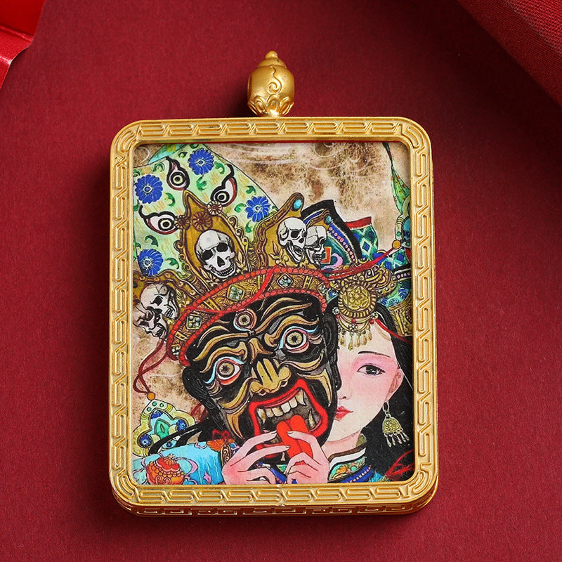 Zaki Ram Tibetan Thangka Pendant – Golden Square Pendant with Sacred Artwork