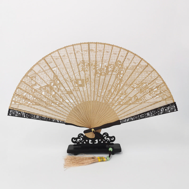 Handcrafted 7 Inch Burmese Wood Folding Fan - Traditional Suzhou Sandalwood Artistry