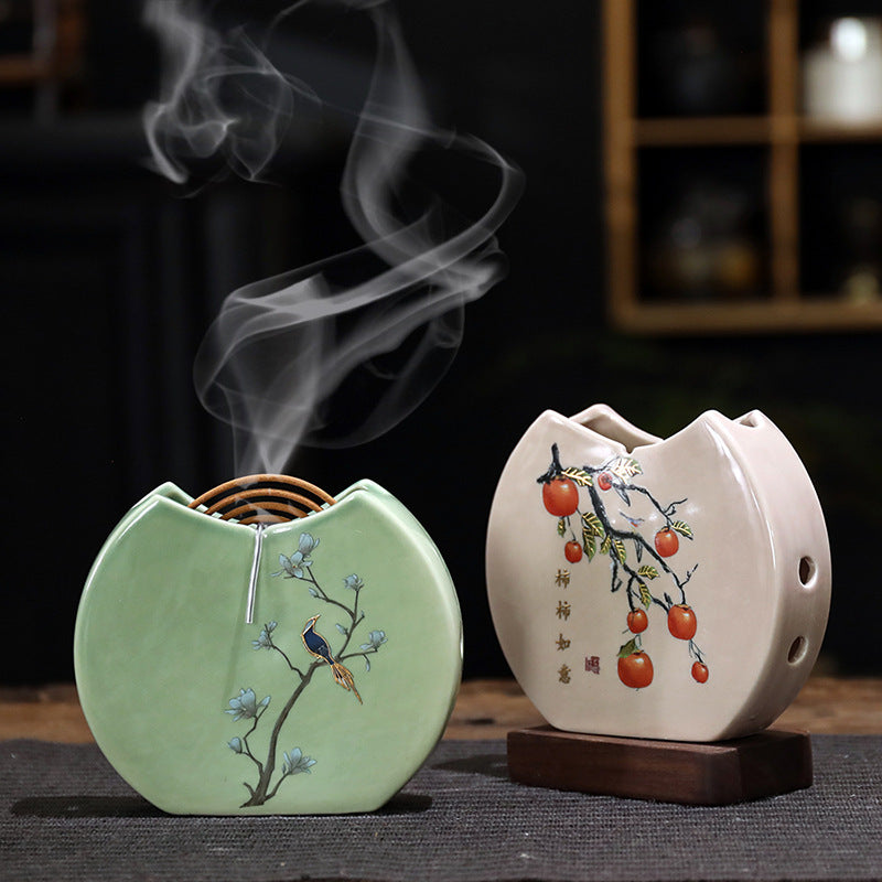 Persimmon-Themed Ceramic Incense Burner - Mini Round Fan Design for Coil Incense (11.5x10x2.2cm, 180g)