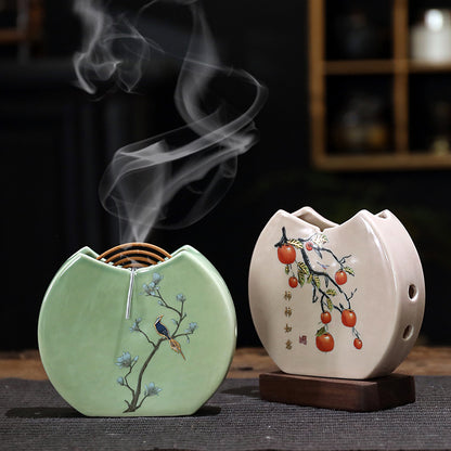 Persimmon-Themed Ceramic Incense Burner - Mini Round Fan Design for Coil Incense (11.5x10x2.2cm, 180g)