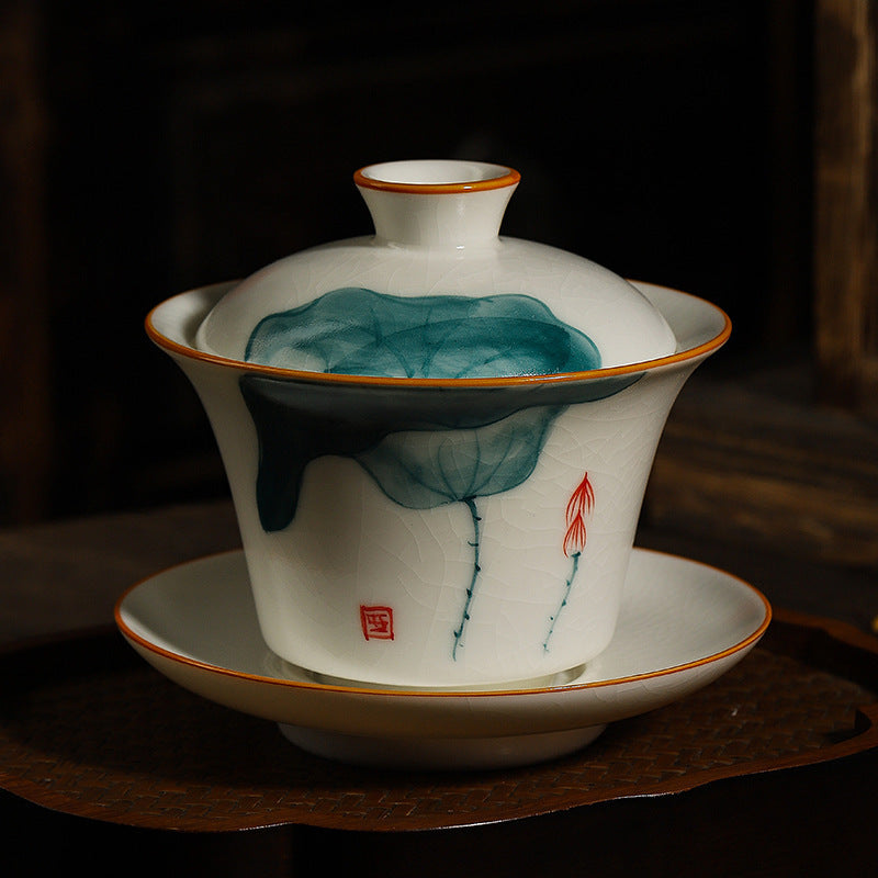Hand-Painted Ru Porcelain Gaiwan, Ivory White Ceramic Tea Set, Crackle Glaze Three-Talent Bowl, Gongfu Tea Cup, 150ml