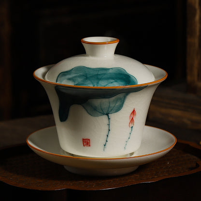 Hand-Painted Ru Porcelain Gaiwan, Ivory White Ceramic Tea Set, Crackle Glaze Three-Talent Bowl, Gongfu Tea Cup, 150ml