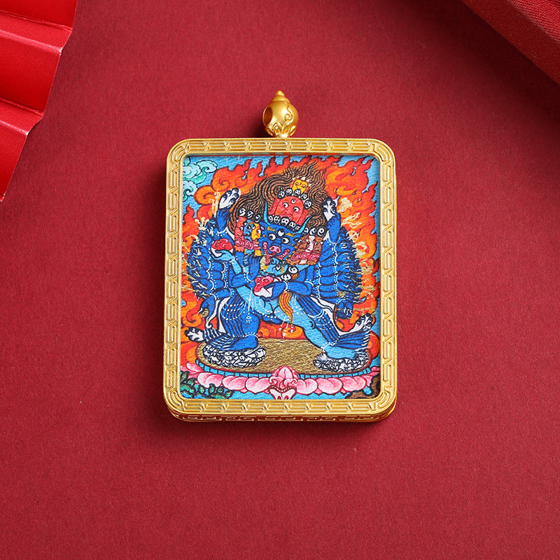 Golden Mahakala Pendant Necklace – Nepalese Thangka Gawu Box Decorative Pendant