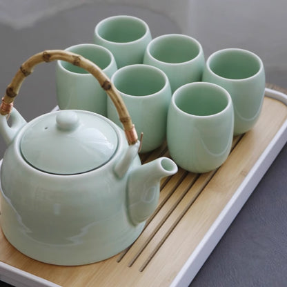 Celadon Tea Set with Bamboo Tray - Jingdezhen Ceramic (1000ml Pot, 6 Cups, Storage Jar, 2 Tea Boards)