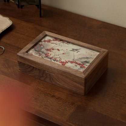 Walnut Wood Jewelry Box with Embroidered Lid - Chinese Style Gift with Velvet Lining (23x16x6.5cm, 0.78kg, 6 Embroidery Designs)
