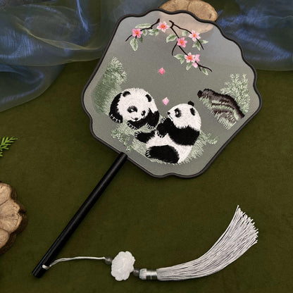 Chinese Double-Sided Embroidered Round Fan - Silk Gauze with Panda Design & Wood Handle (21cm Diameter, 15cm Handle, 100g)