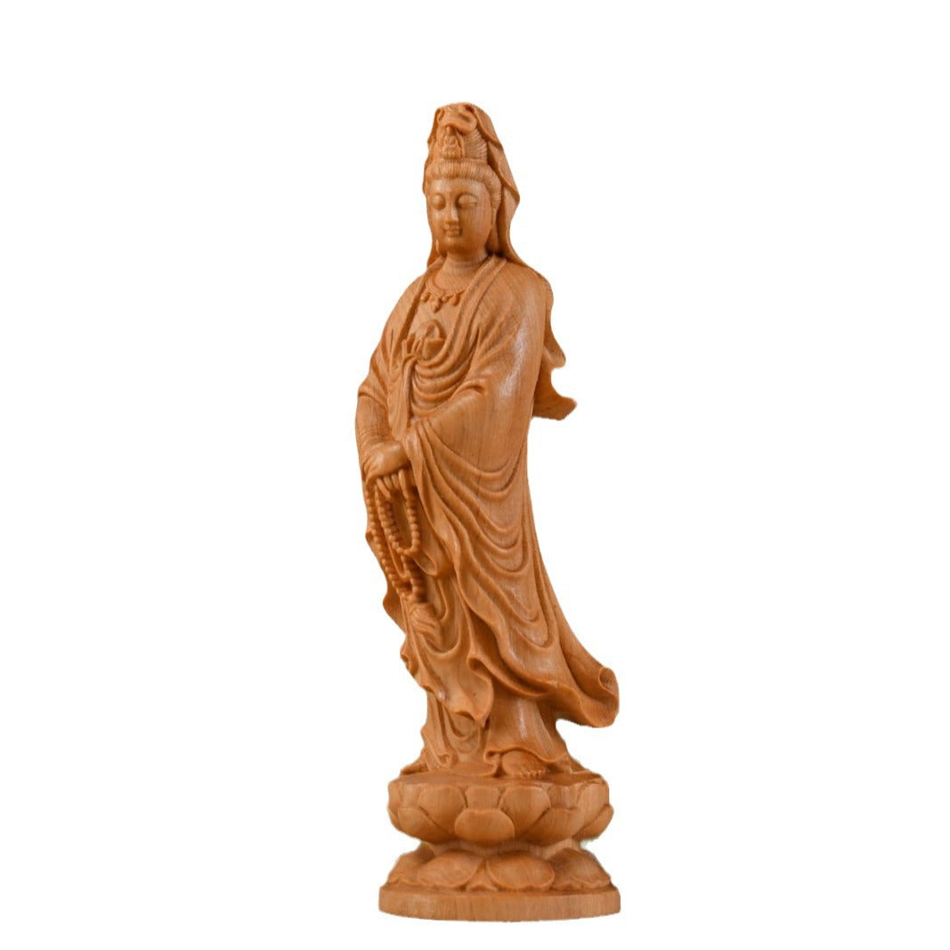 Guanyin Bodhisattva with Prayer Beads – Yellow-cedar Wood Carving for Home & Office Decor