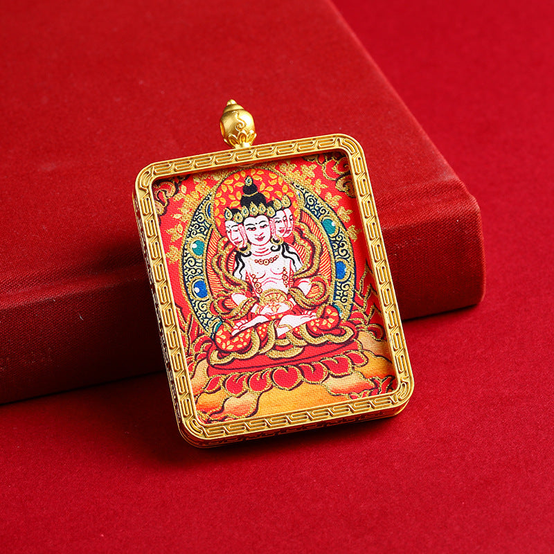 Hand-Painted Golden Eight Protector Deities Thangka Pendant - Tibetan Buddhist Amulet for Protection